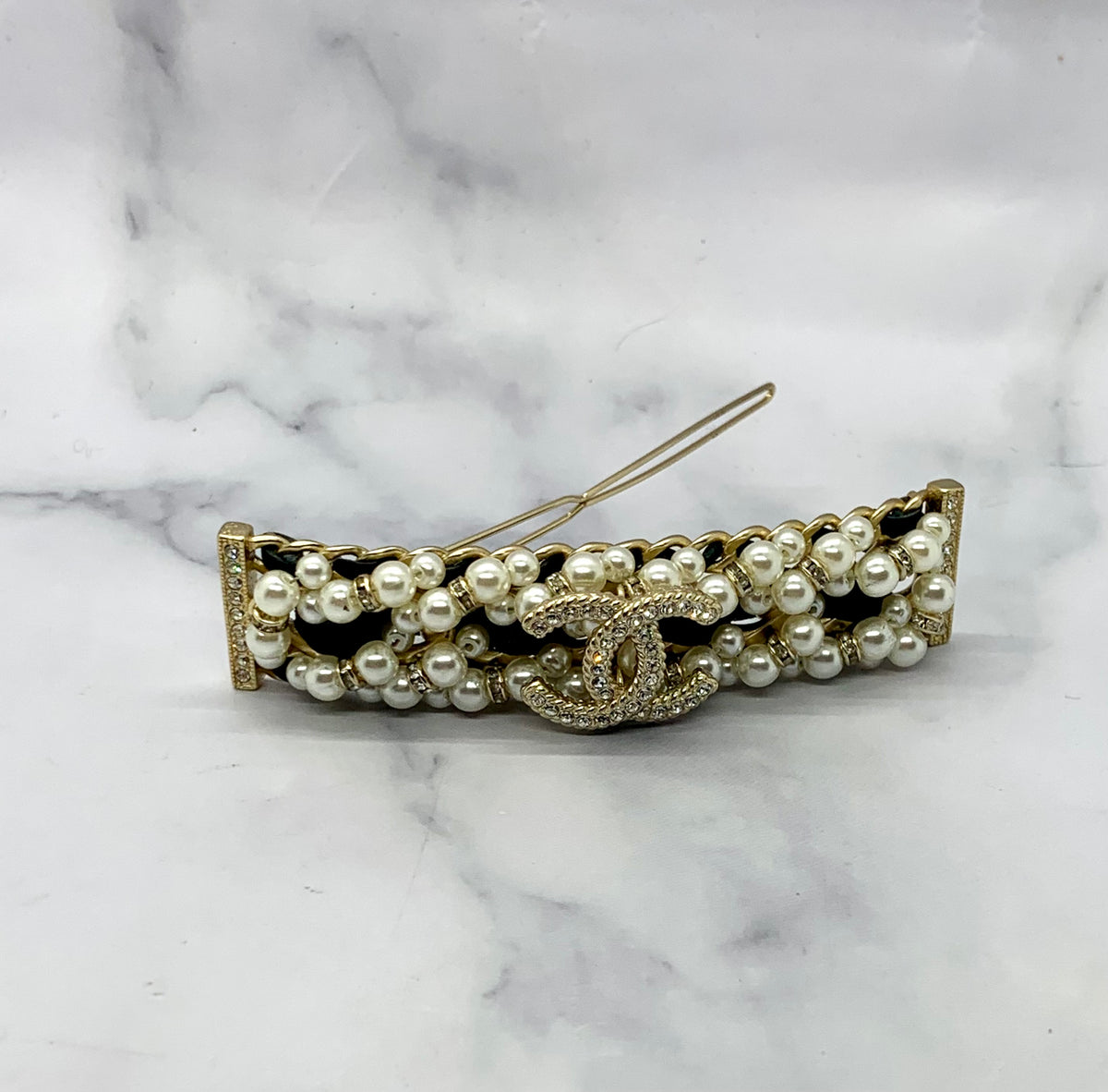 CHANEL CC Pearl & Leather Hair Clip Barrette - USED