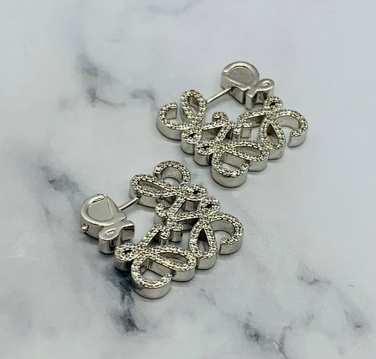 LOEWE Silver Tone Rhinestone monogram Earrings - Pre owned