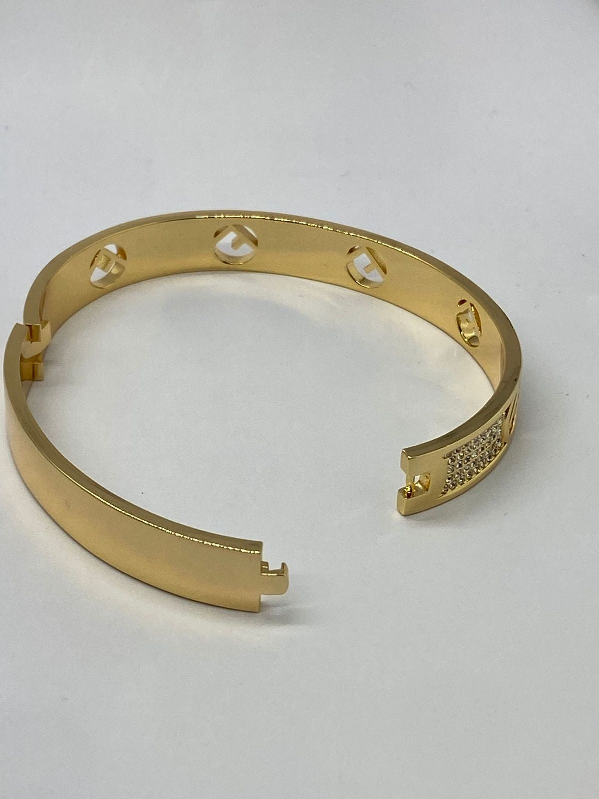 FENDI F Gold Tone Rhinestone Bangle Cuff Bracelet - Pre owned