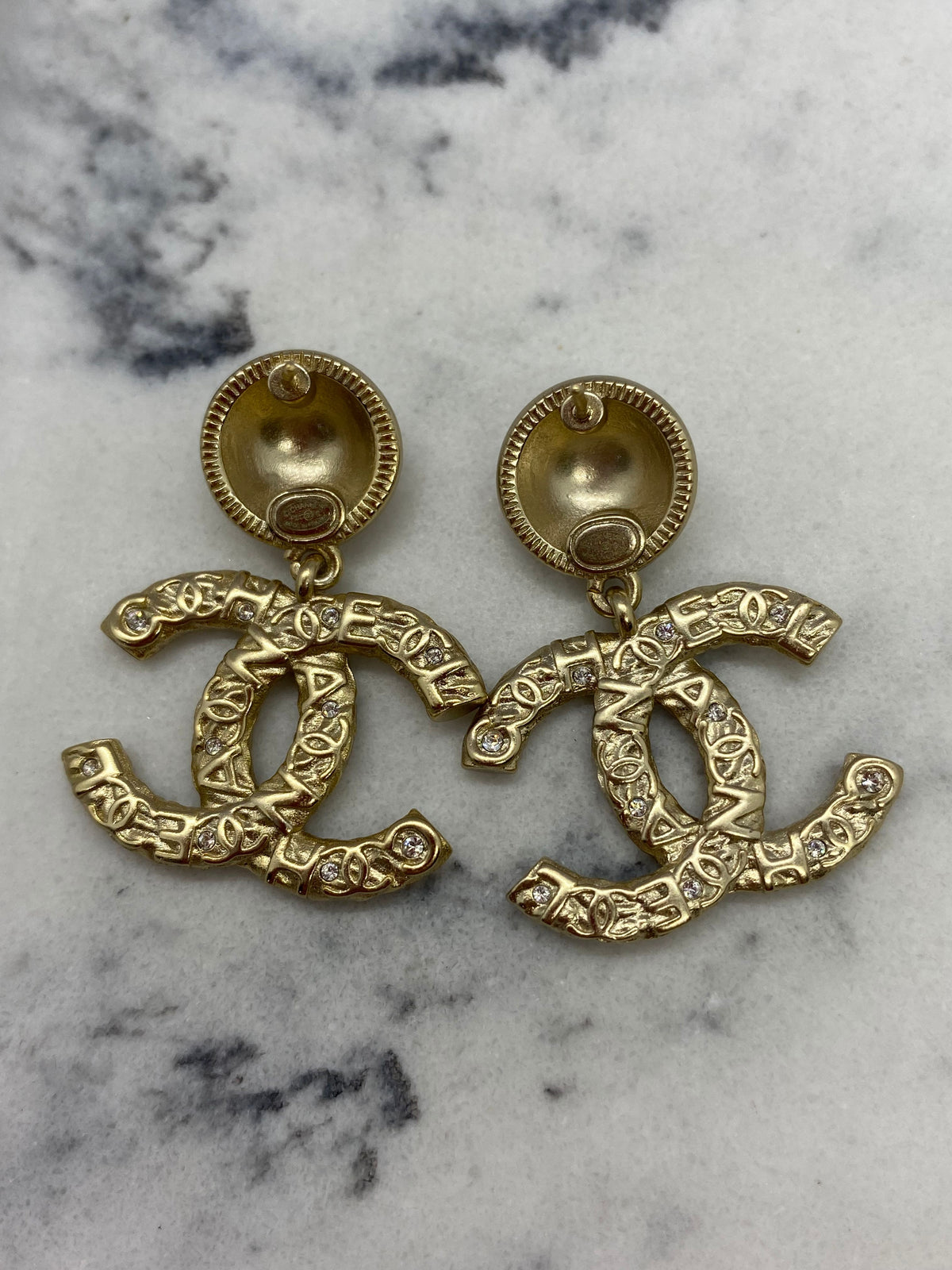CHANEL CC Gold Tone Monogram Statement Earrings - USED