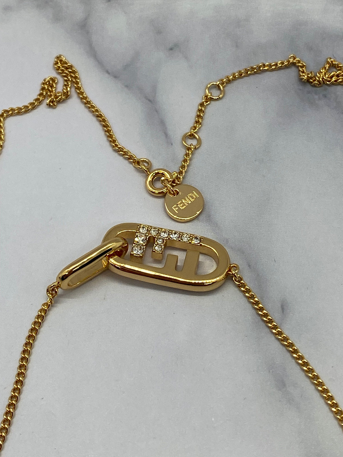 FENDI F Gold Tone Rhinestone Charm Necklace - Pre owned