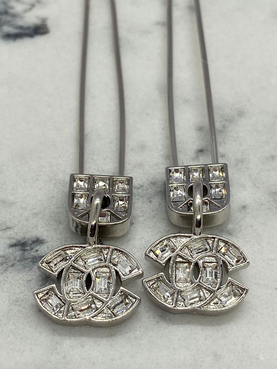 CHANEL CC Silver Tone Safety Pin Rhinestone Earrings - Pre owned