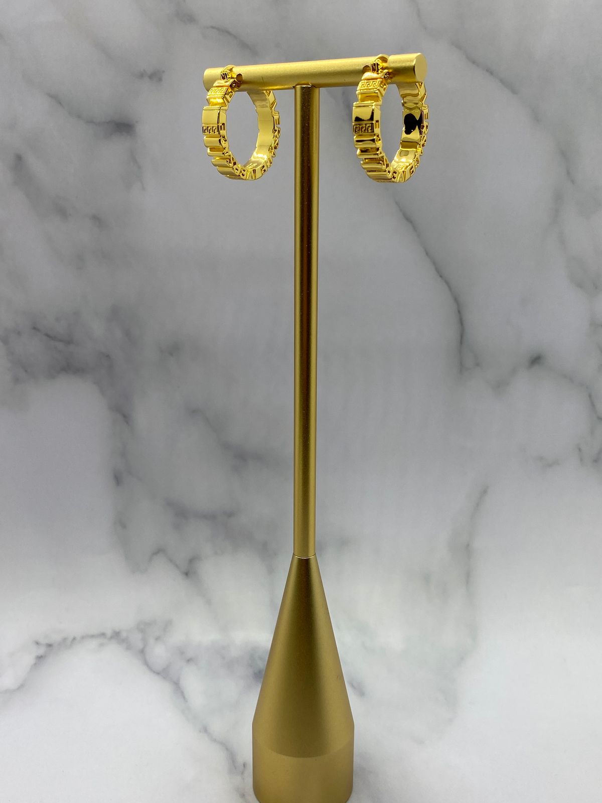 VERSACE Gold Tone Monogram Hoop Earrings - Pre owned