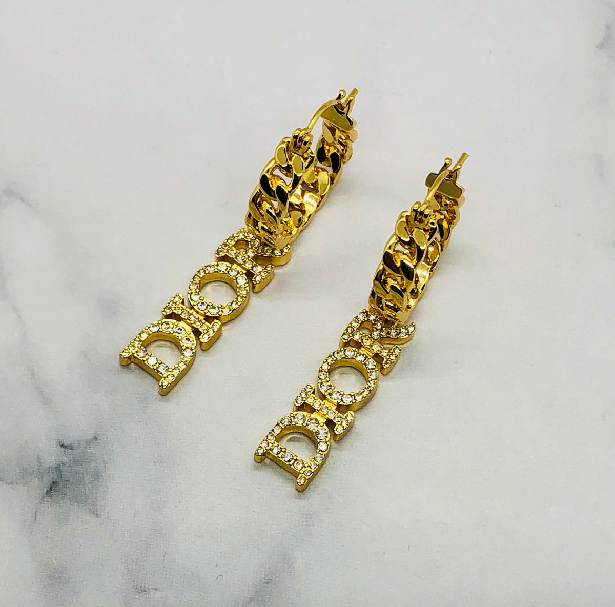 CHRISTIAN DIOR Gold Tone Rhinestone Pendant Earrings - Pre owned