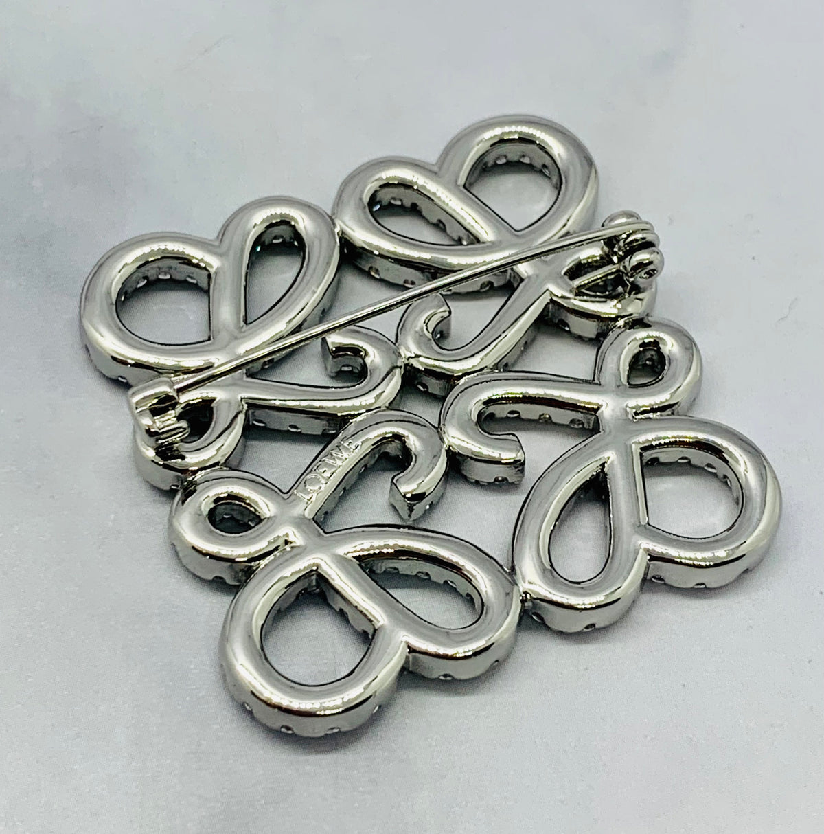 LOEWE Monogram Silver Tone Rhinestone Brooch Pin - Pre owned