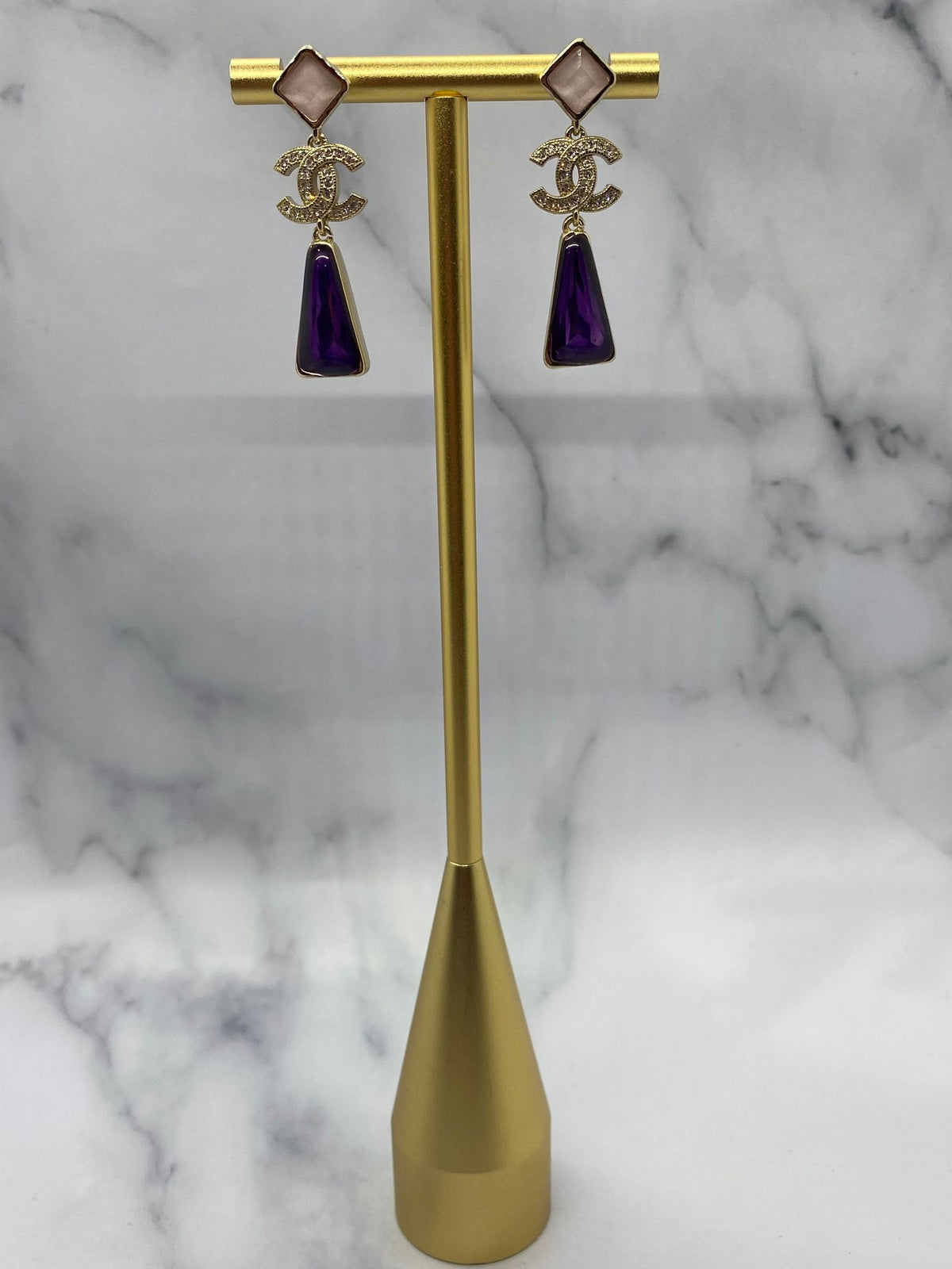 CHANEL CC Light Gold Purple Pendant Earrings - Pre owned
