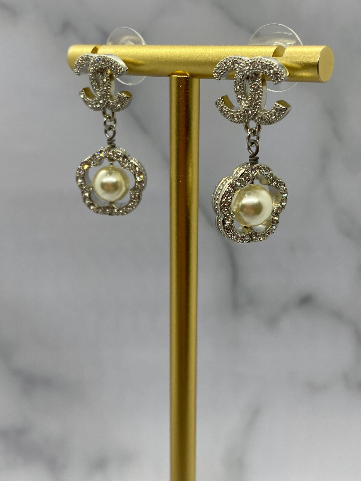 CHANEL CC Silver Tone Pearl Pendant Earrings - USED