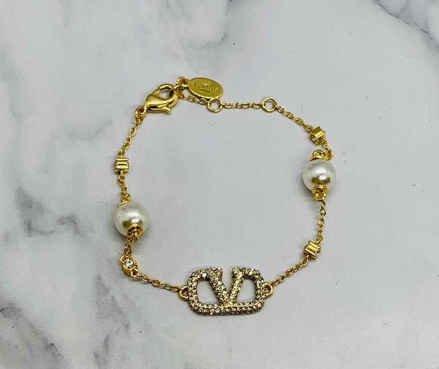 VALENTINO V Rhinestone & pearl Trim Bracelet - Pre owned