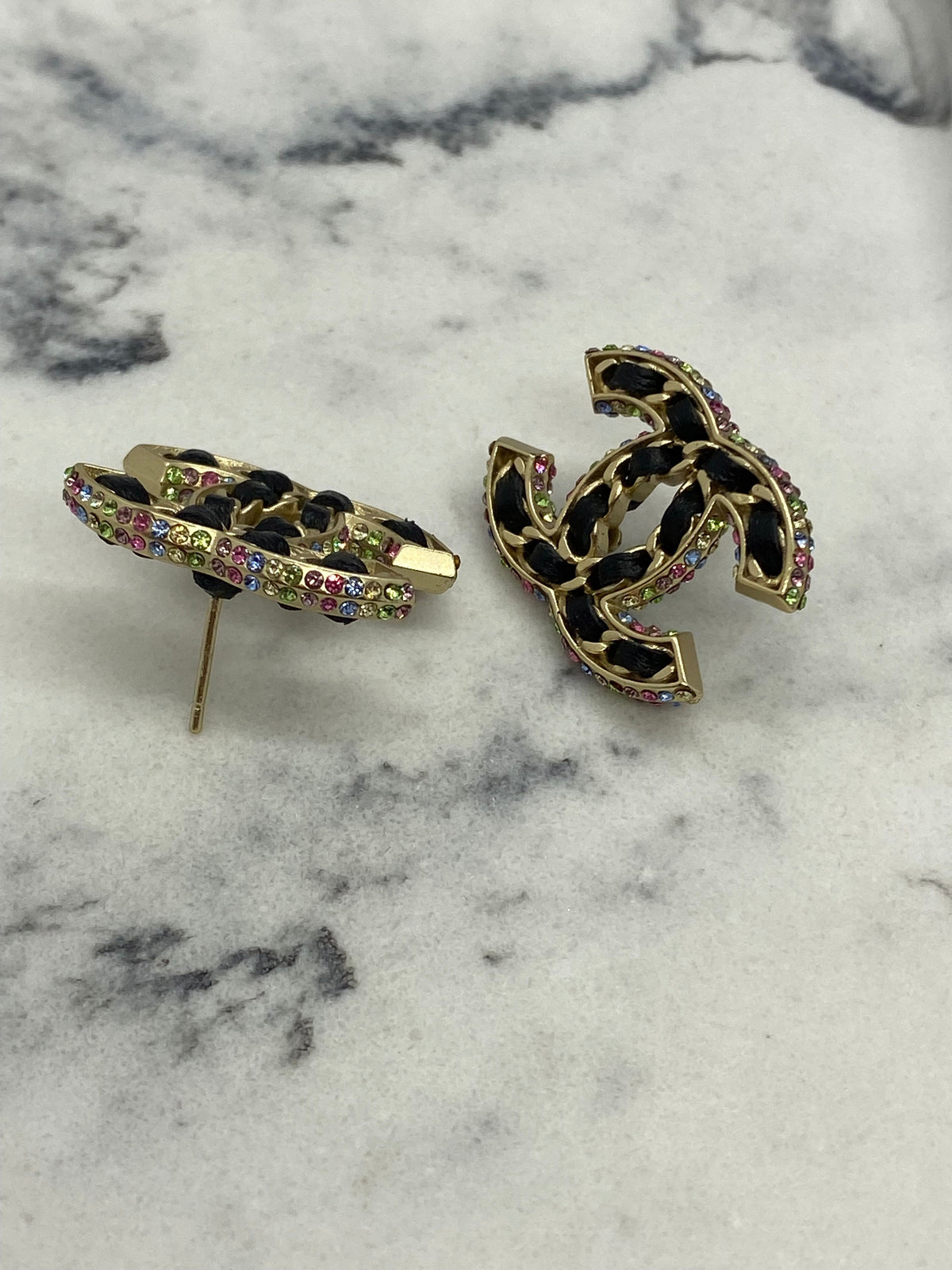 CHANEL Leather & Rhinestone Trim Earrings - Pre owned /