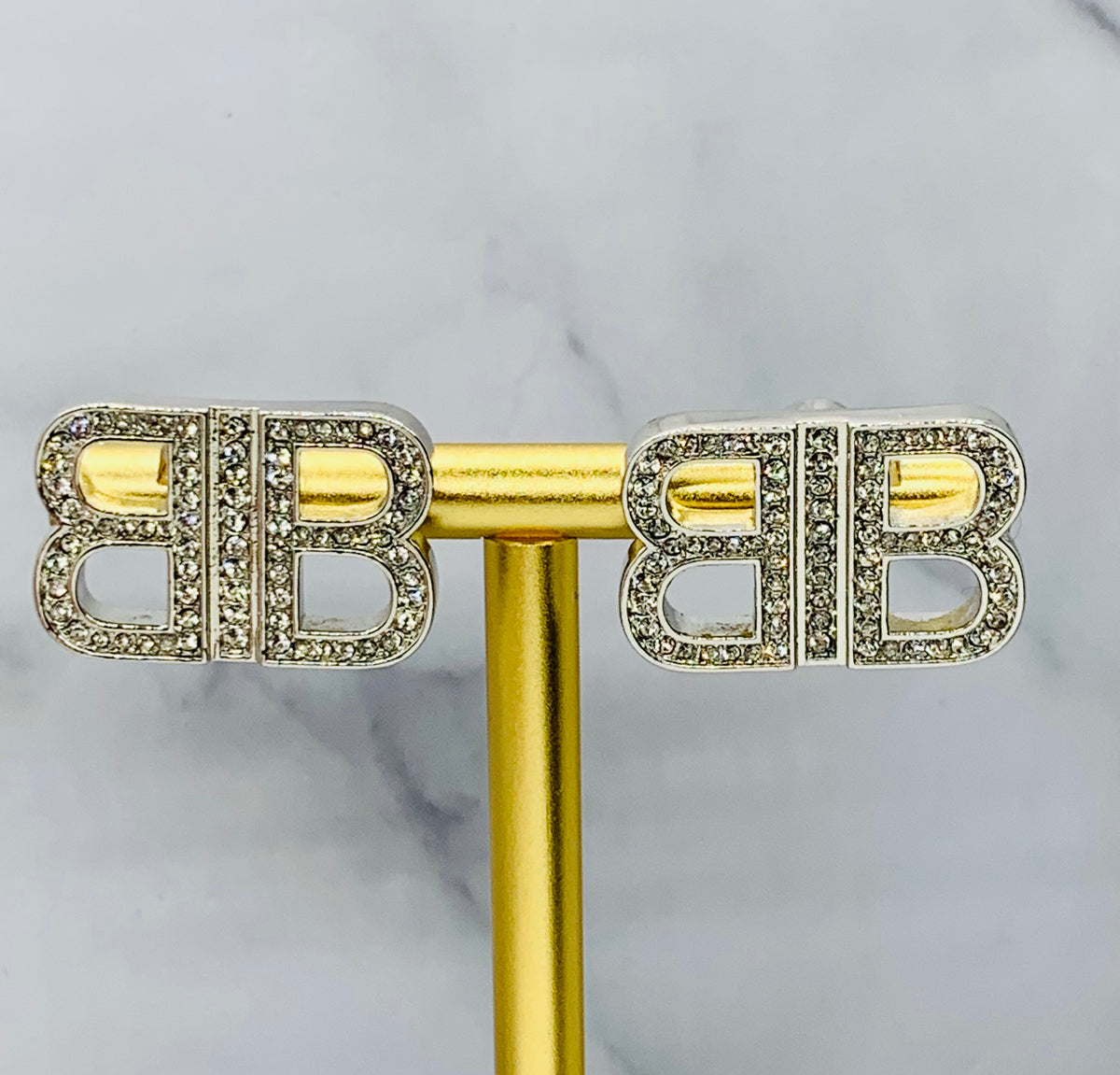BALENCIAGA Silver Tone Rhinestone Earrings - Pre owned