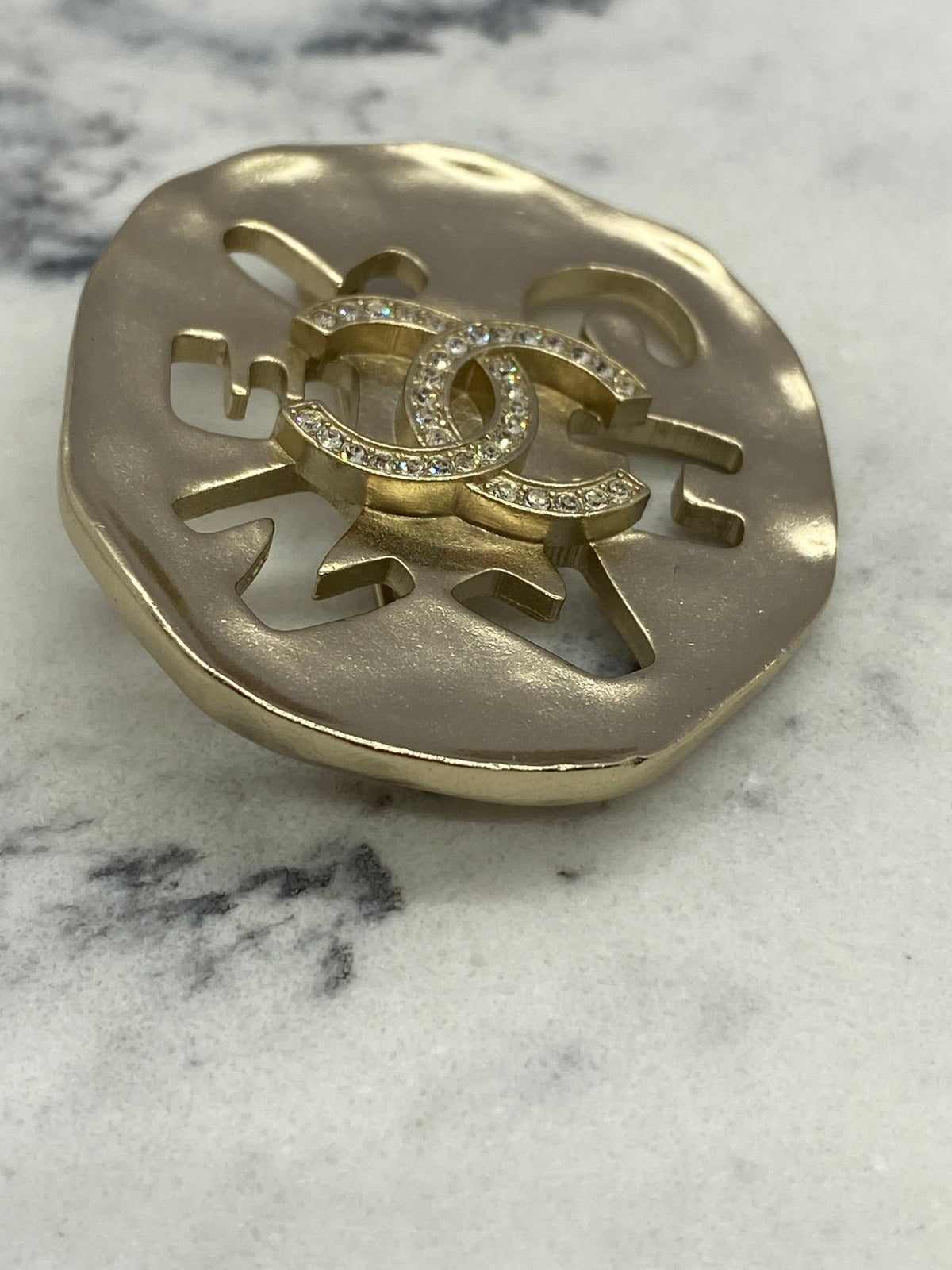 CHANEL CC Round Rhinestone Brooch Pin - USED