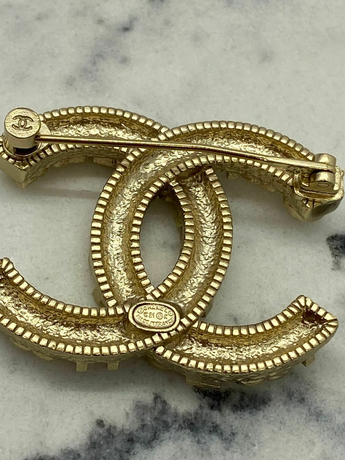 CHANEL CC Gold Tone Monogram Brooch Pin - USED