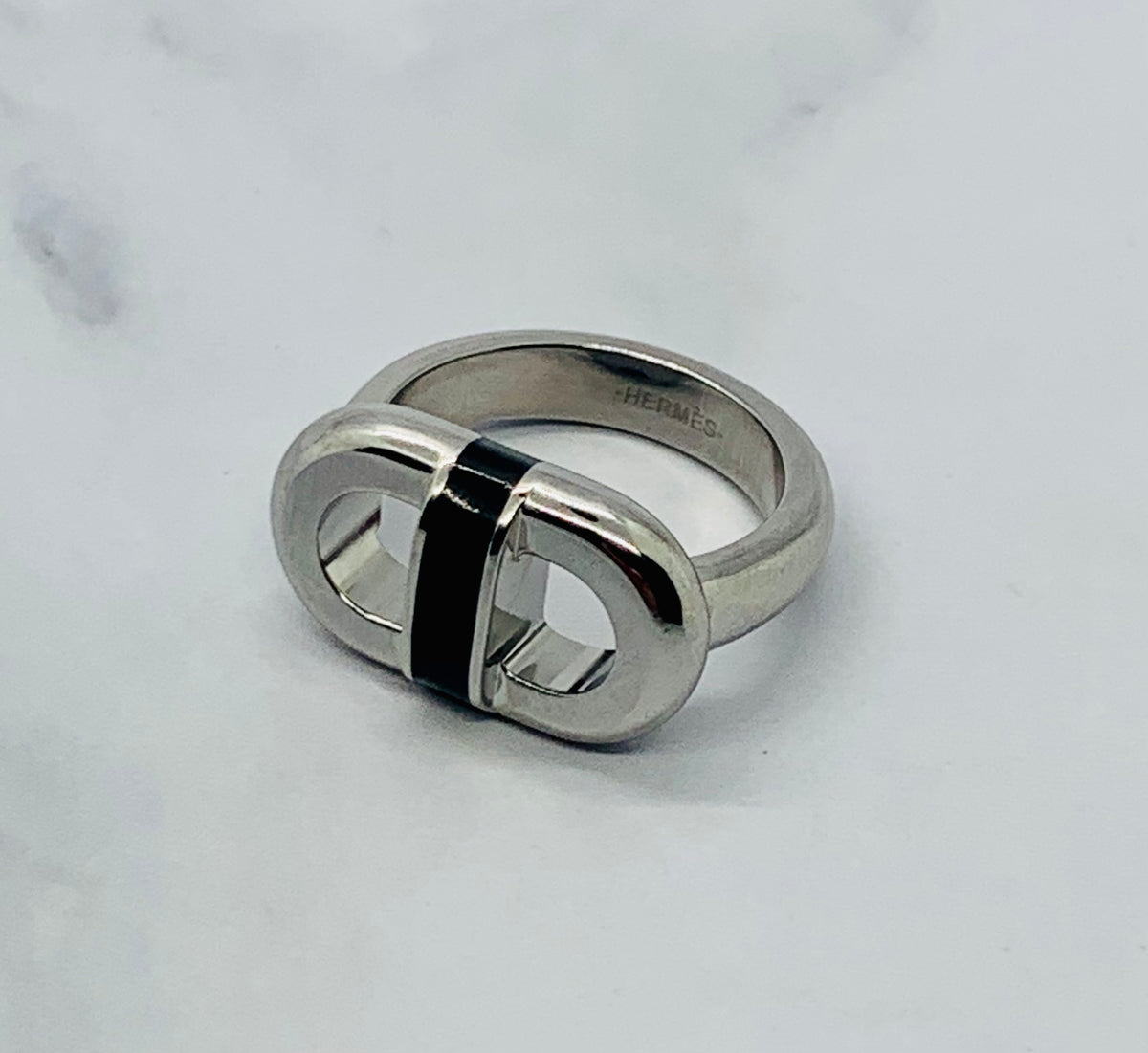 HERMES Maillon Black Steel Unisex Ring - Size 8 Preowned