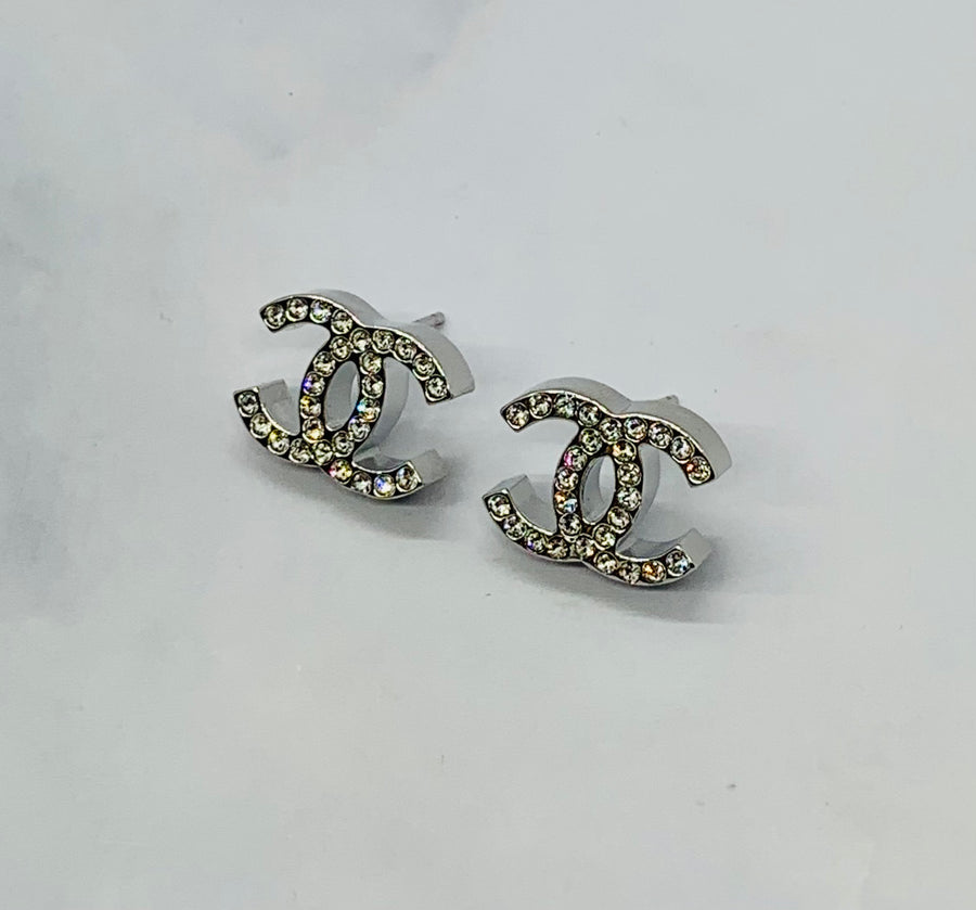 CHANEL CC Silver Tone Thick Rhinestone Earrings - Pre owned