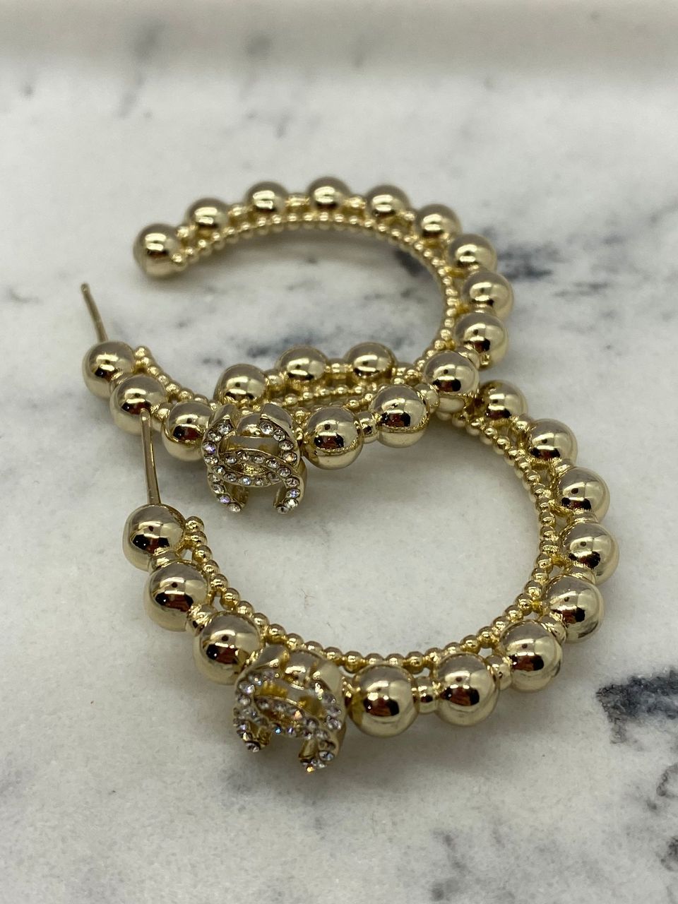 CHANEL CC Light Gold Rhinestone Hoop Earrings - USED
