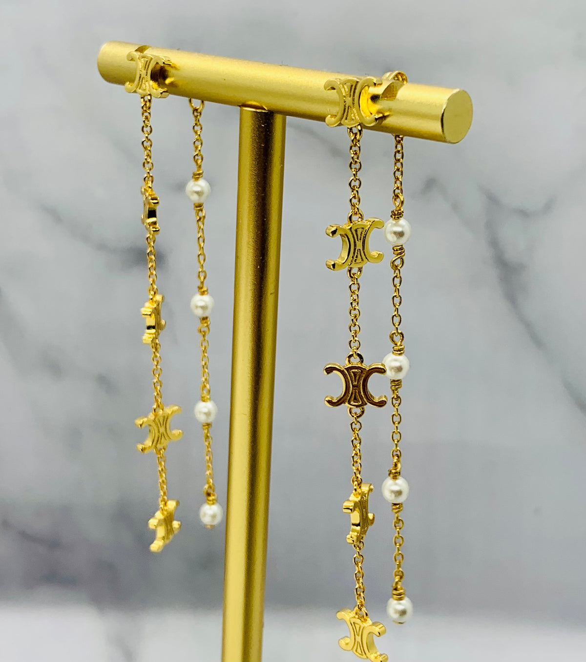 CELINE Monogram Pearl Pendant Earrings - USED