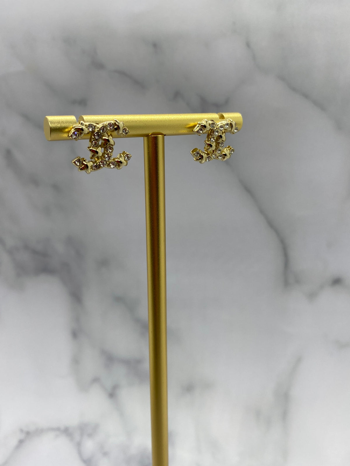 CHANEL CC Gold Tone Rhinestone Small Earrings - USED