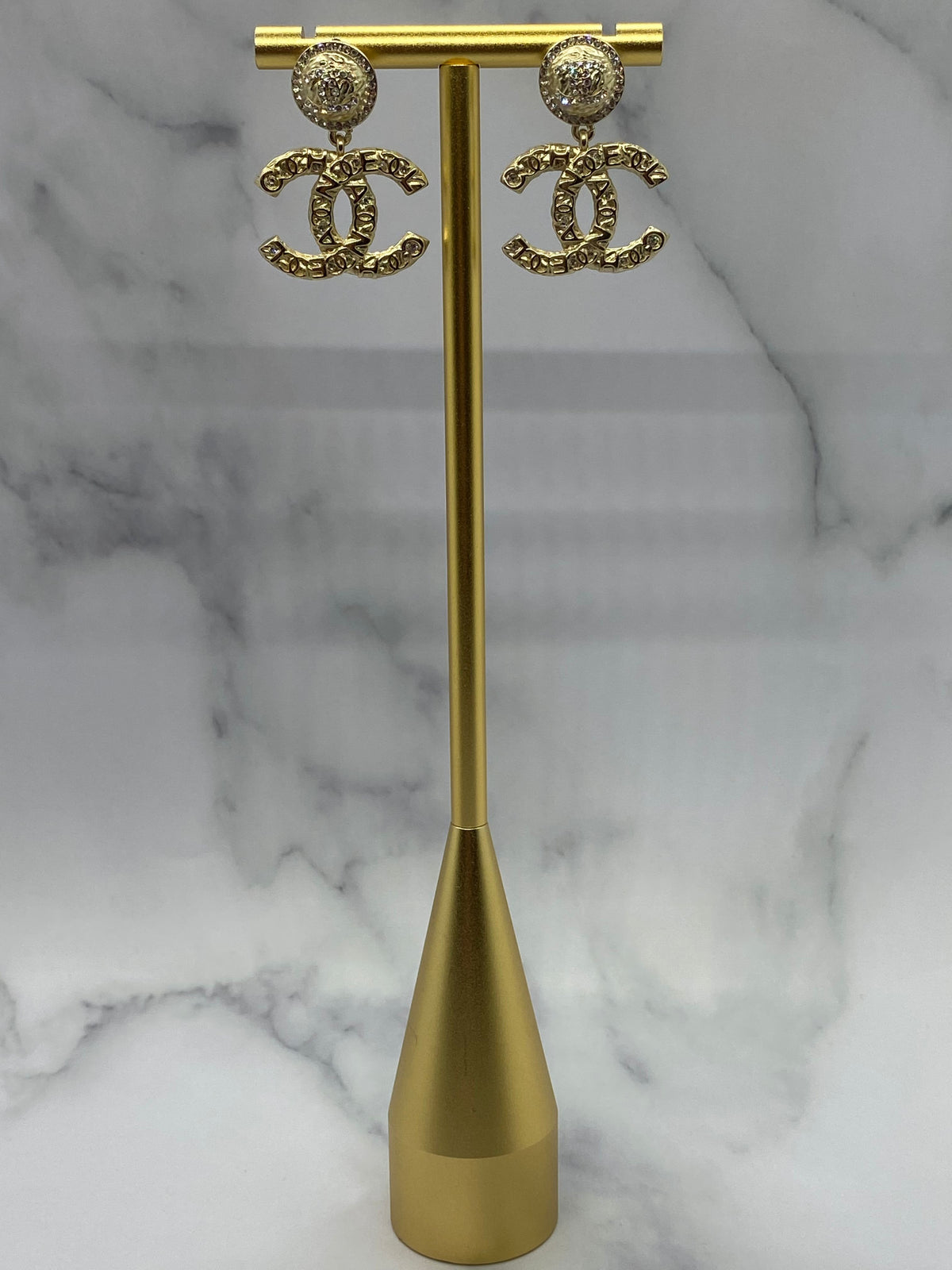 CHANEL CC Gold Tone Monogram Statement Earrings - USED
