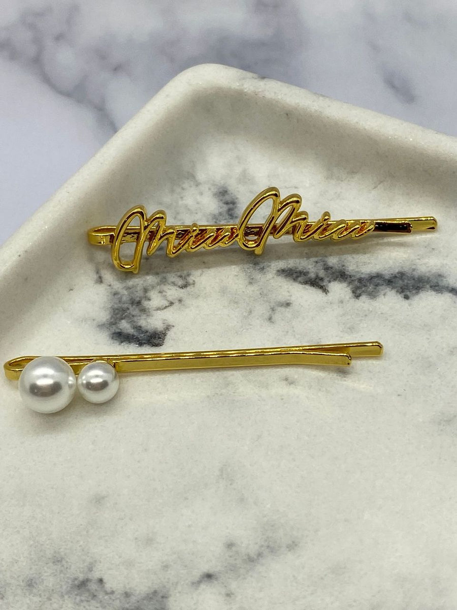 MIU MIU Gold Tone Pearl 2 piece Hair Clip Barrette Set - Pre owned