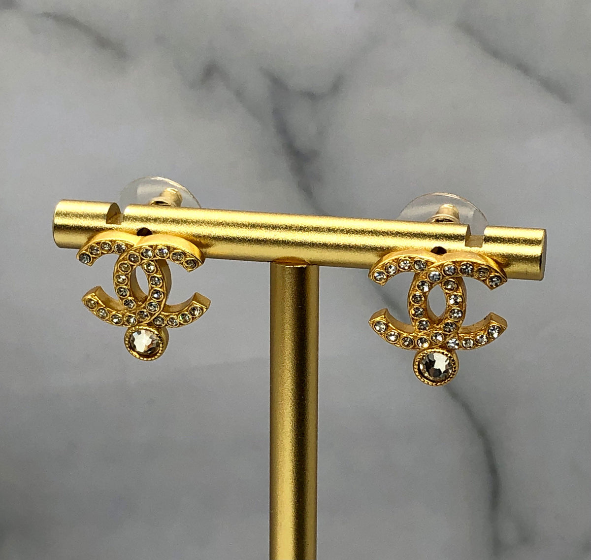 CHANEL CC Gold Tone Rhinestone Earrings - Pre owned