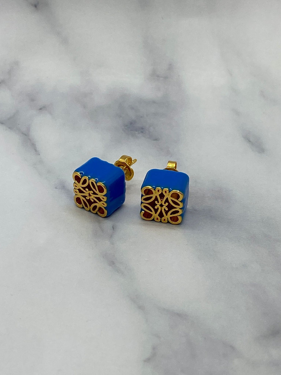 LOEWE Gold Tone & Blue Enamel Monogram Earrings - Pre owned