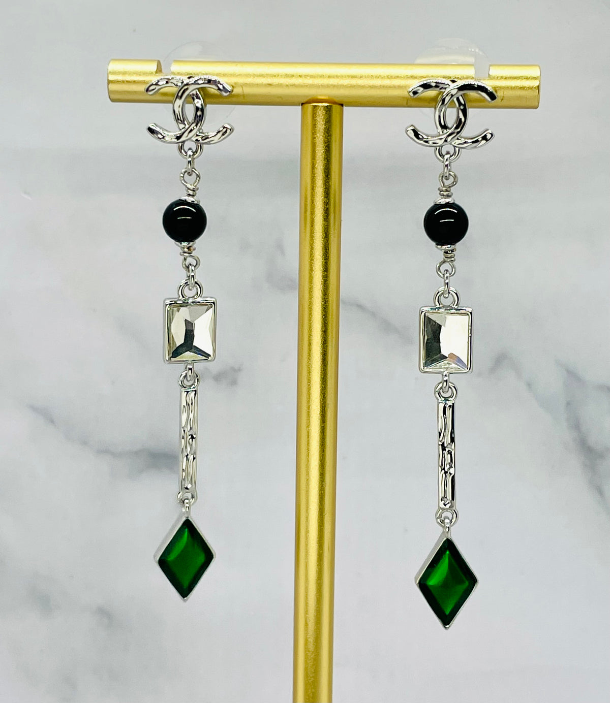 CHANEL CC Silver Tone Rhinestone Pendant Earrings - Pre owned