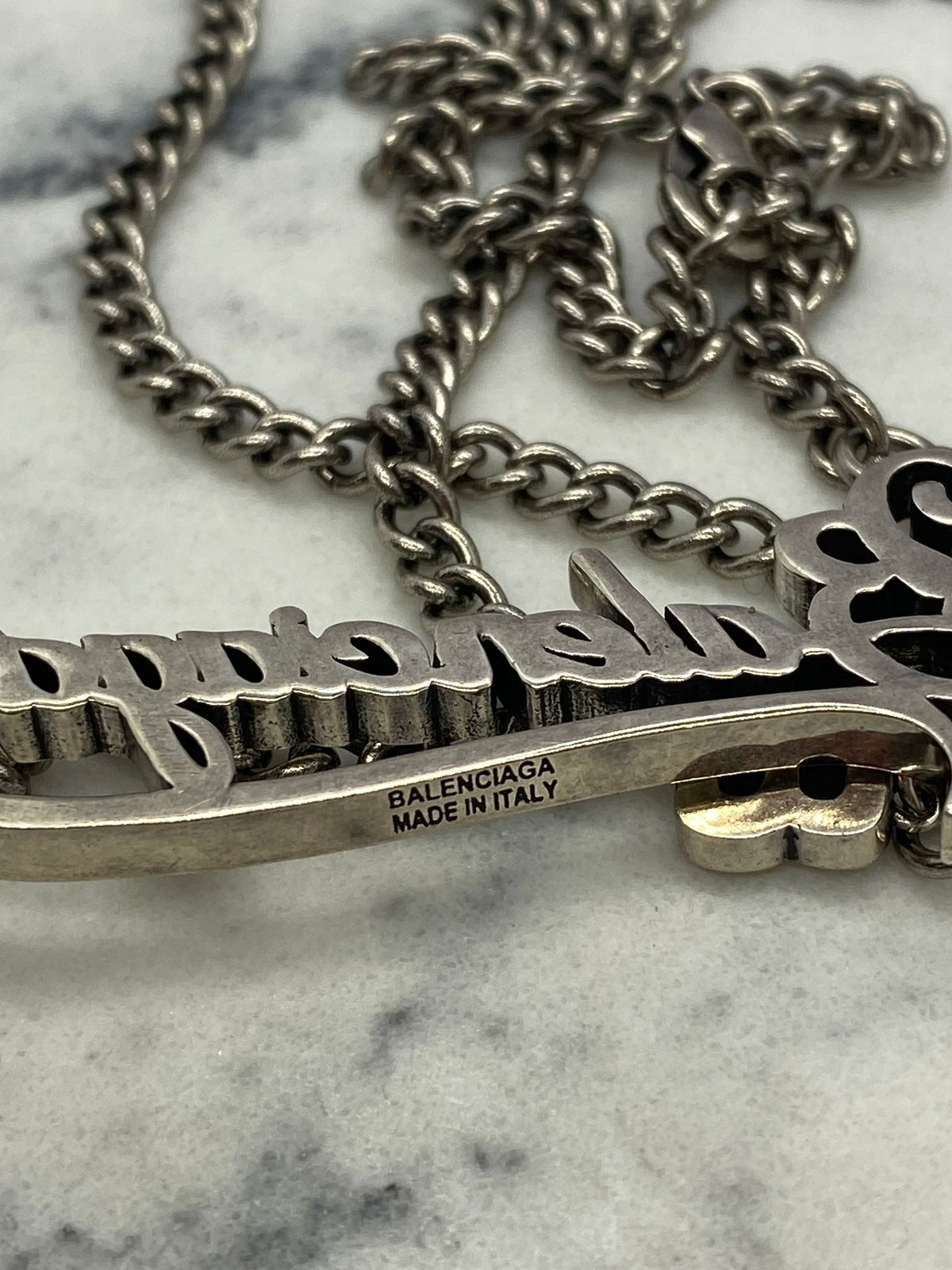 BALENCIAGA Silver Tone Script Necklace - Pre owned