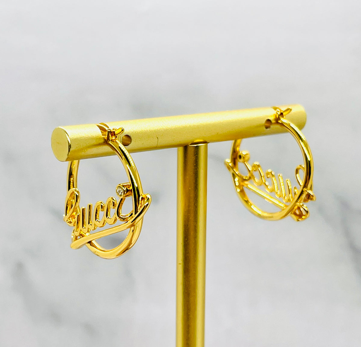 GUCCI Script Gold Tone Hoop Earrings - Pre owned