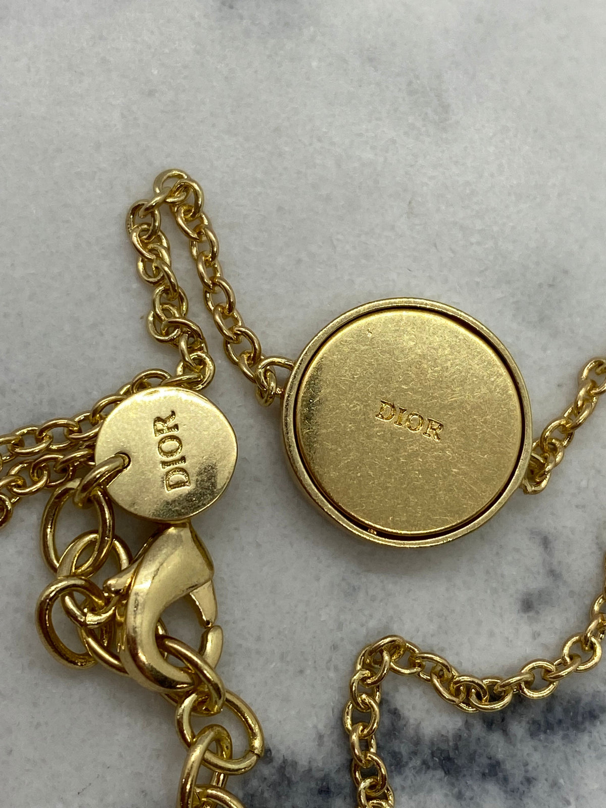 Auth CHRISTIAN DIOR CD Gold Tone White Logo Chain Bracelet - USED