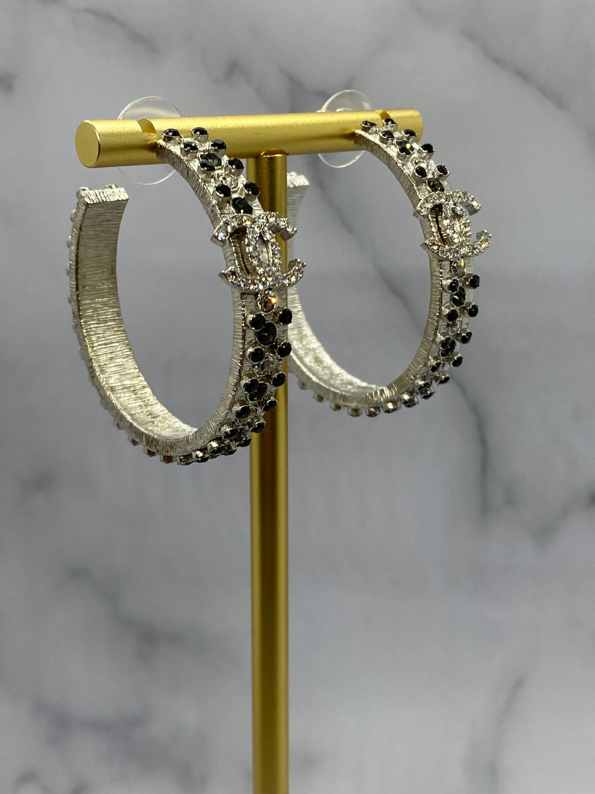 CHANEL CC Silver Tone Rhinestone Hoop Earrings - USED