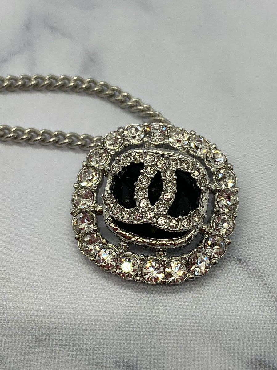 CHANEL CC Silver Tone Rhinestone Charm Necklace - USED