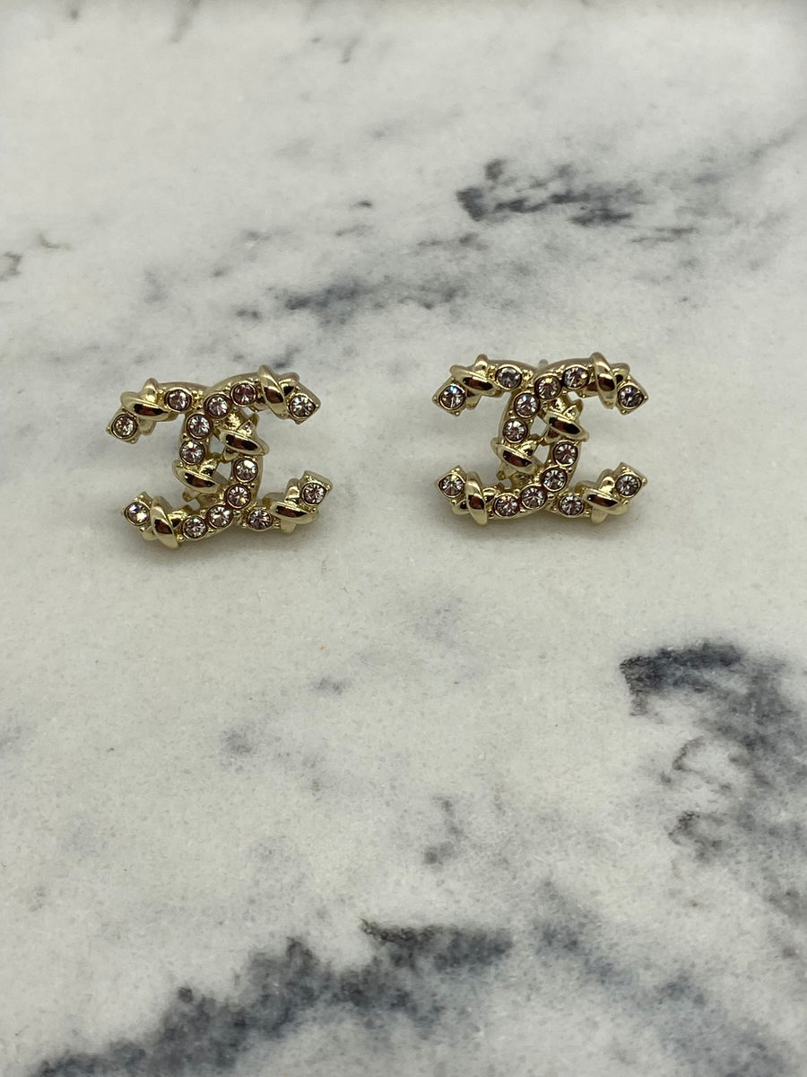CHANEL CC Gold Tone Rhinestone Small Earrings - USED