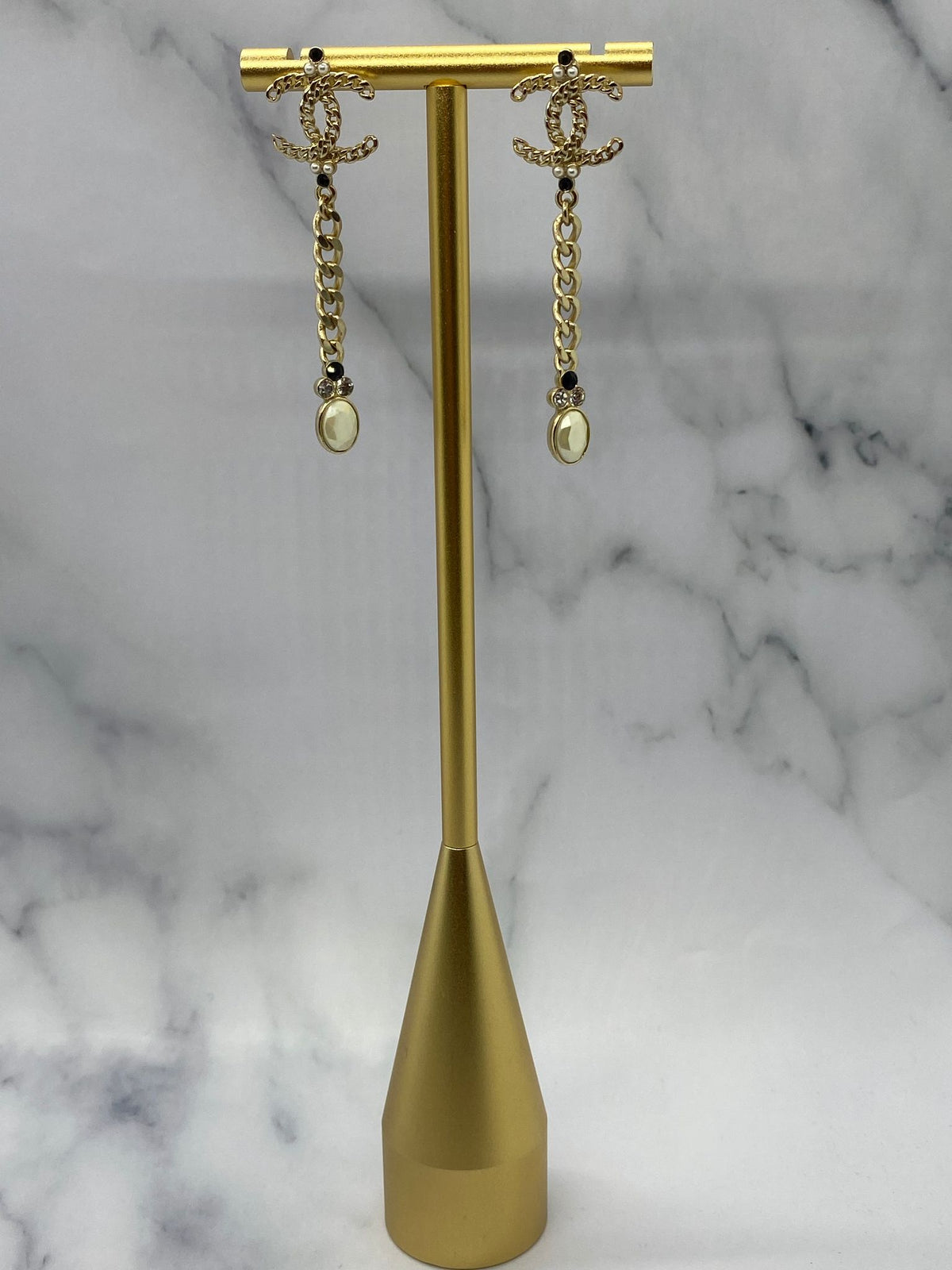 CHANEL CC Gold Tone Pearl Pendant Earrings - Pre owned