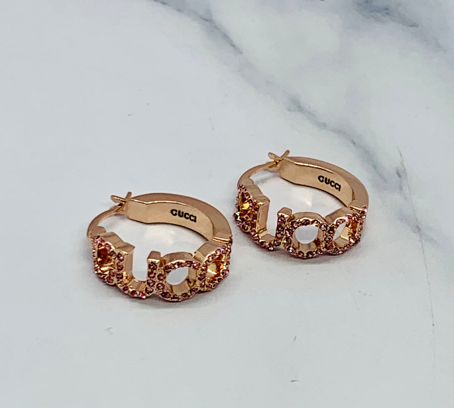 Auth GUCCI Rose Gold Rhinestone Hoop Earrings - Pre owned