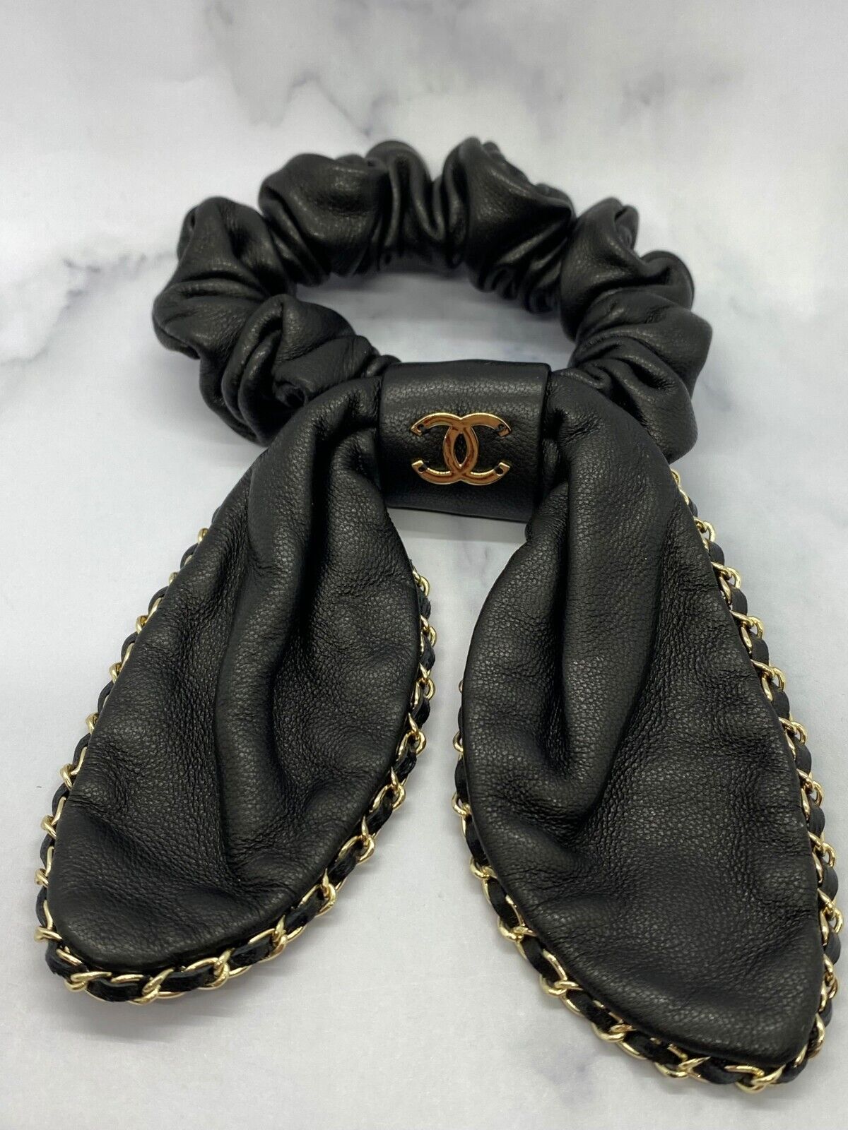 CHANEL CC Leather Chain Trim Bow Hair Scrunchy - Pre owned