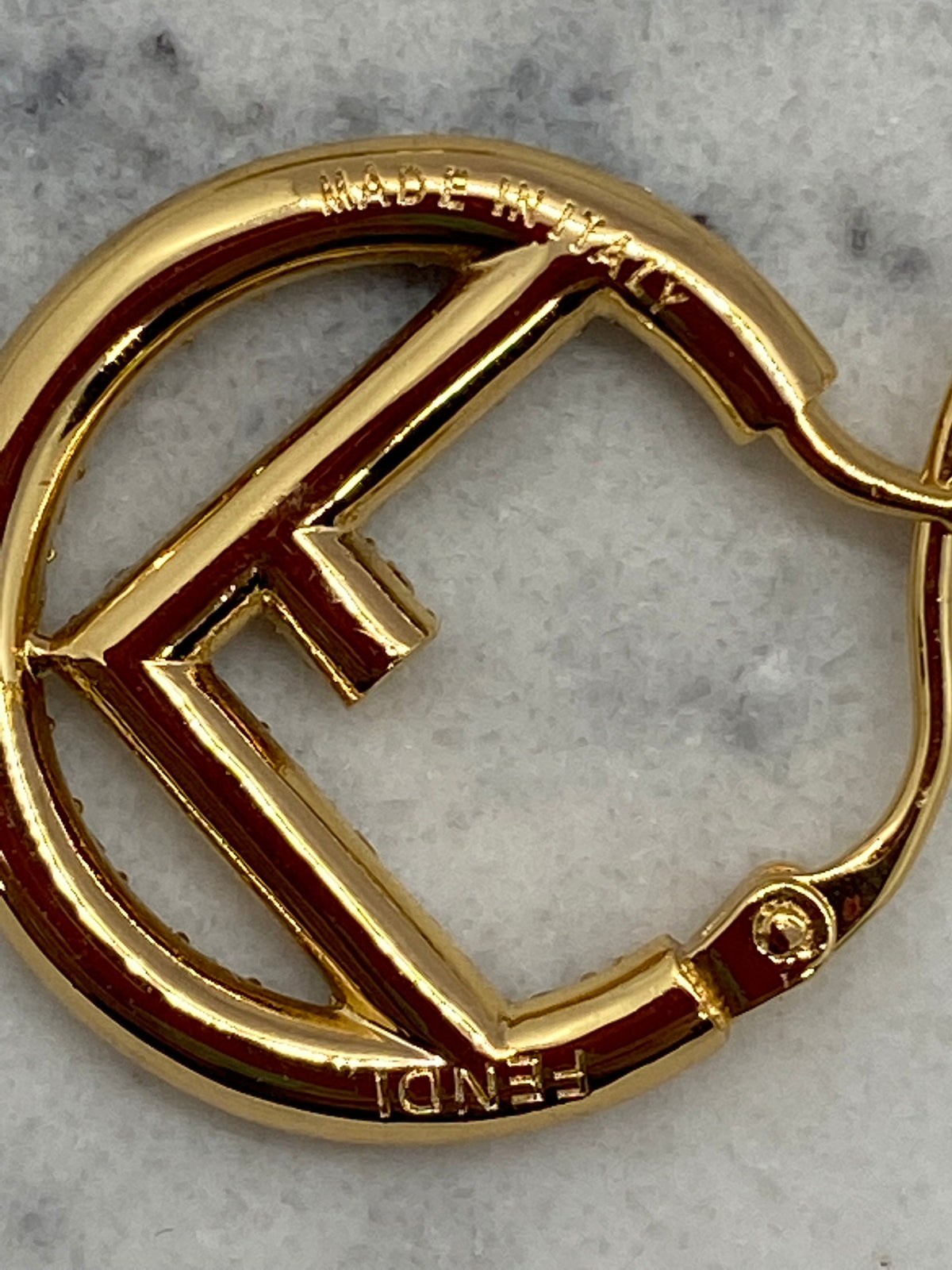 FENDI F Gold Tone Rhinestone Hoop Earrings - USED