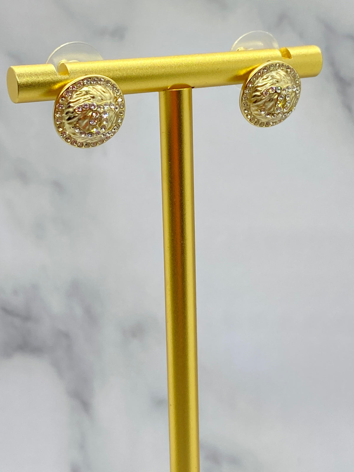 CHANEL CC Gold Tone Rhinestone Button Earrings - Pre owned