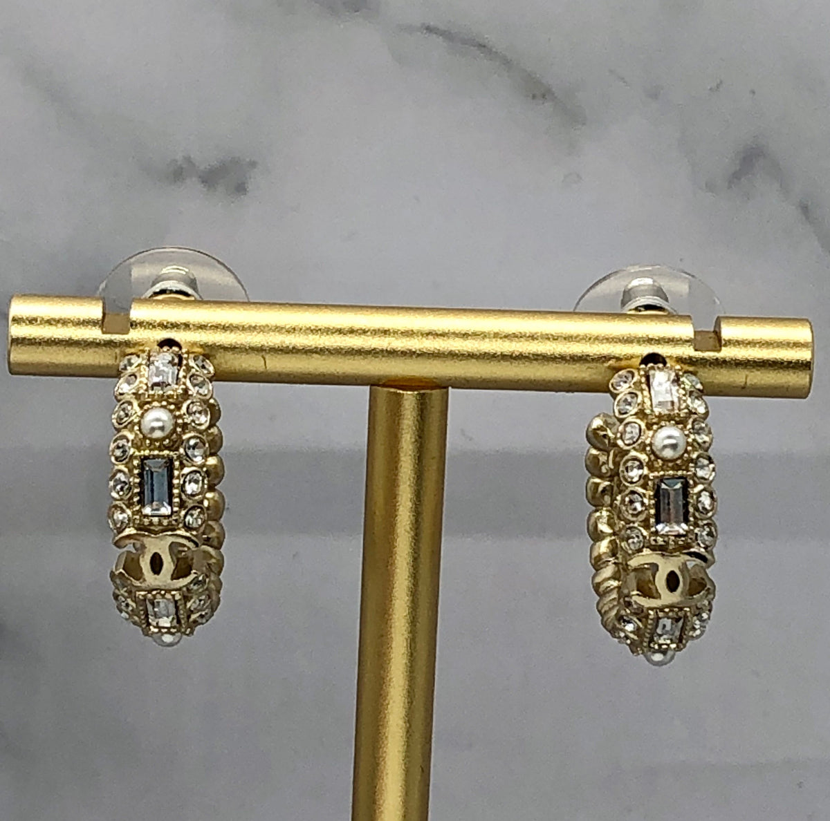 CHANEL CC Gold Tone Rhinestone Hoop Earrings - Pre owned