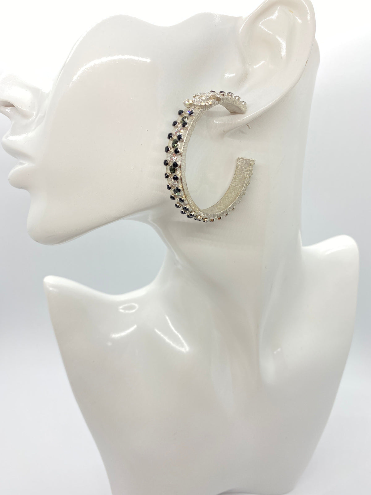 CHANEL CC Silver Tone Rhinestone Hoop Earrings - Pre owned