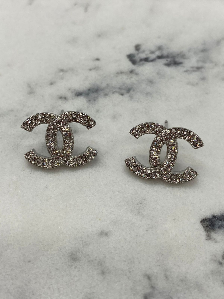 CHANEL CC Silver Tone Rhinestone Earrings - Pre owned