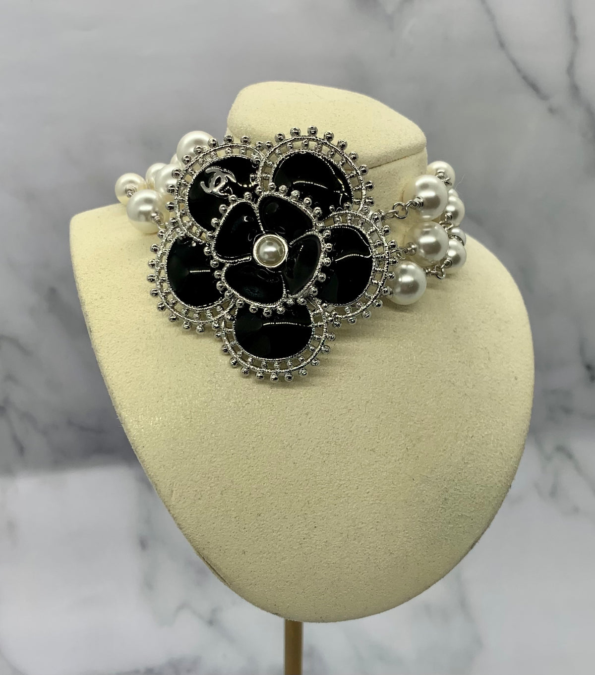 CHANEL CC Camelia Rhinestone Choker Necklace - USED