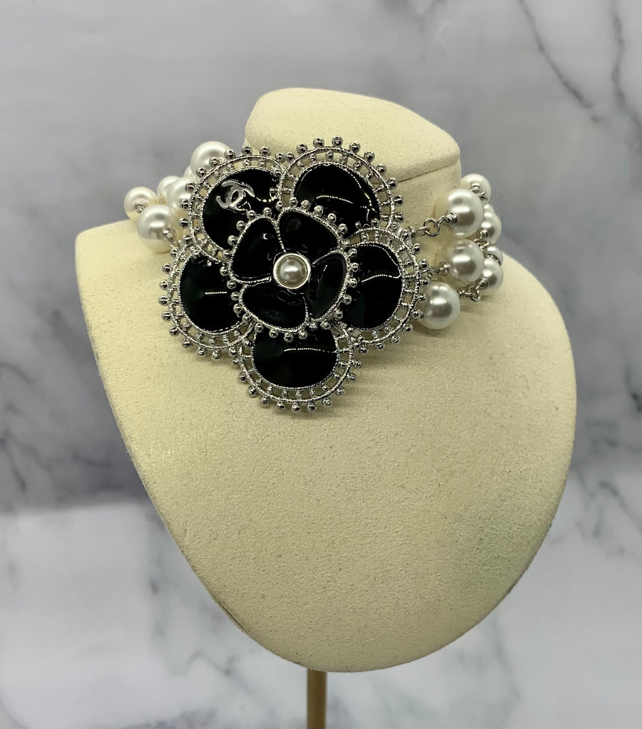 CHANEL CC Camelia Rhinestone Choker Necklace - USED