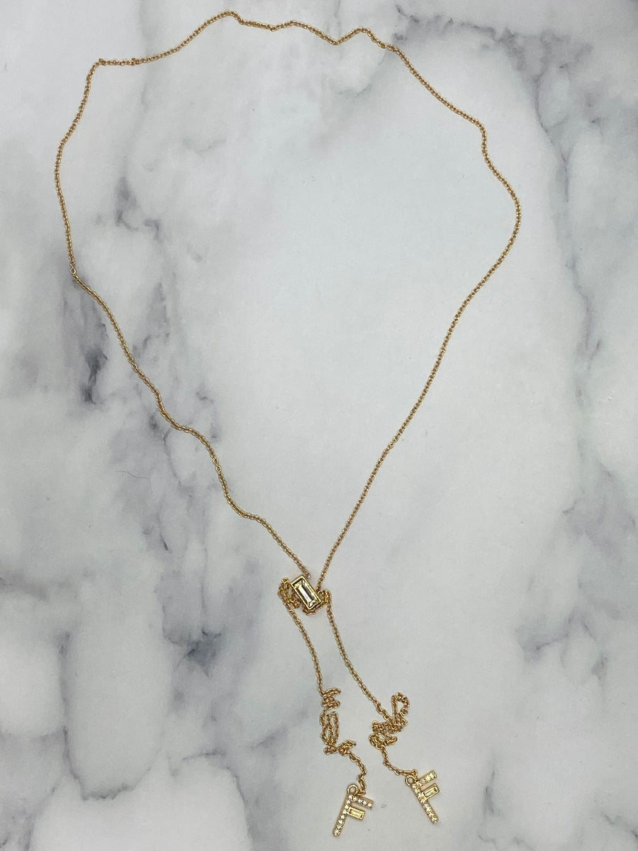 FENDI F Gold Tone Rhinestone Pendant Necklace - Pre owned