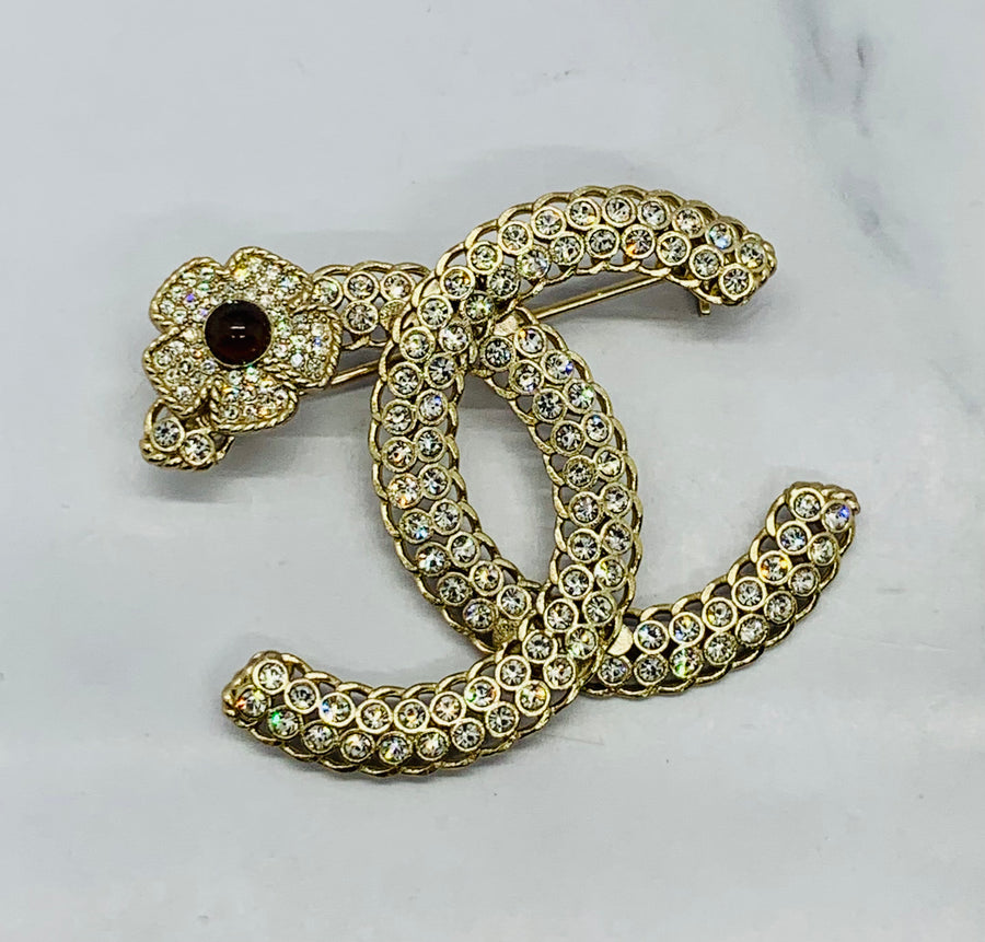 CHANEL CC Rhinestone Flower Brooch Pin - USED
