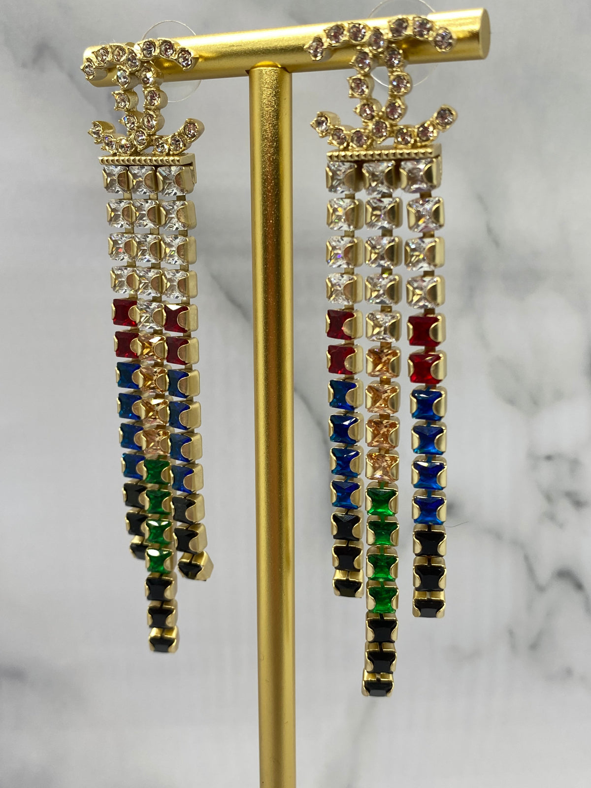 CHANEL CC 2019 Rhinestone Color Fringe Earrings - Pre owned