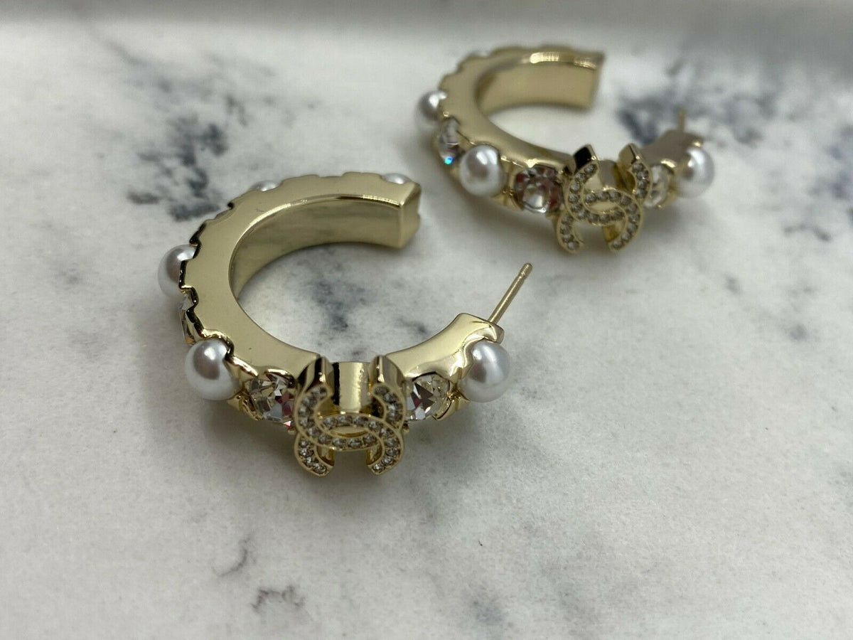 CHANEL CC Gold Tone Pearl & Rhinestone Hoop Earrings - USED