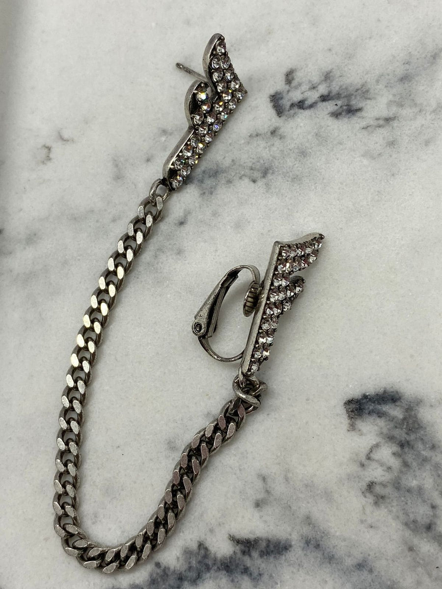 FENDI F Silver Tone Rhinestone SINGLE Cuff Chain Earring - Pre owned