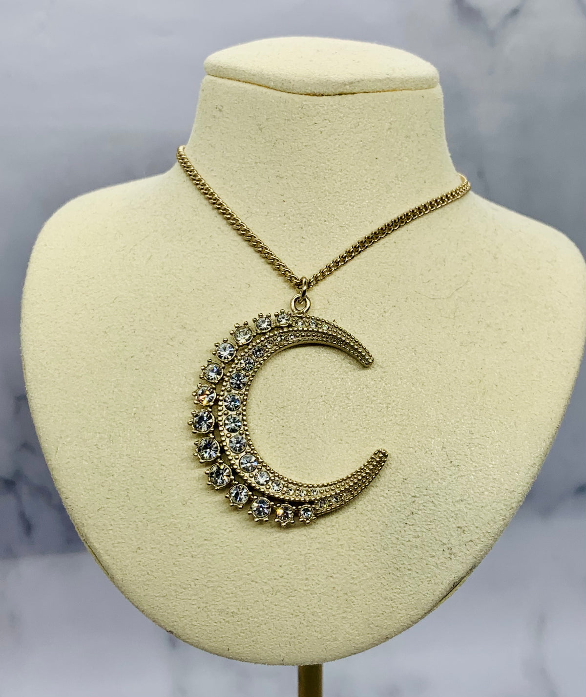 CHANEL CC Rhinestone Crescent Moon Necklace - Pre owned