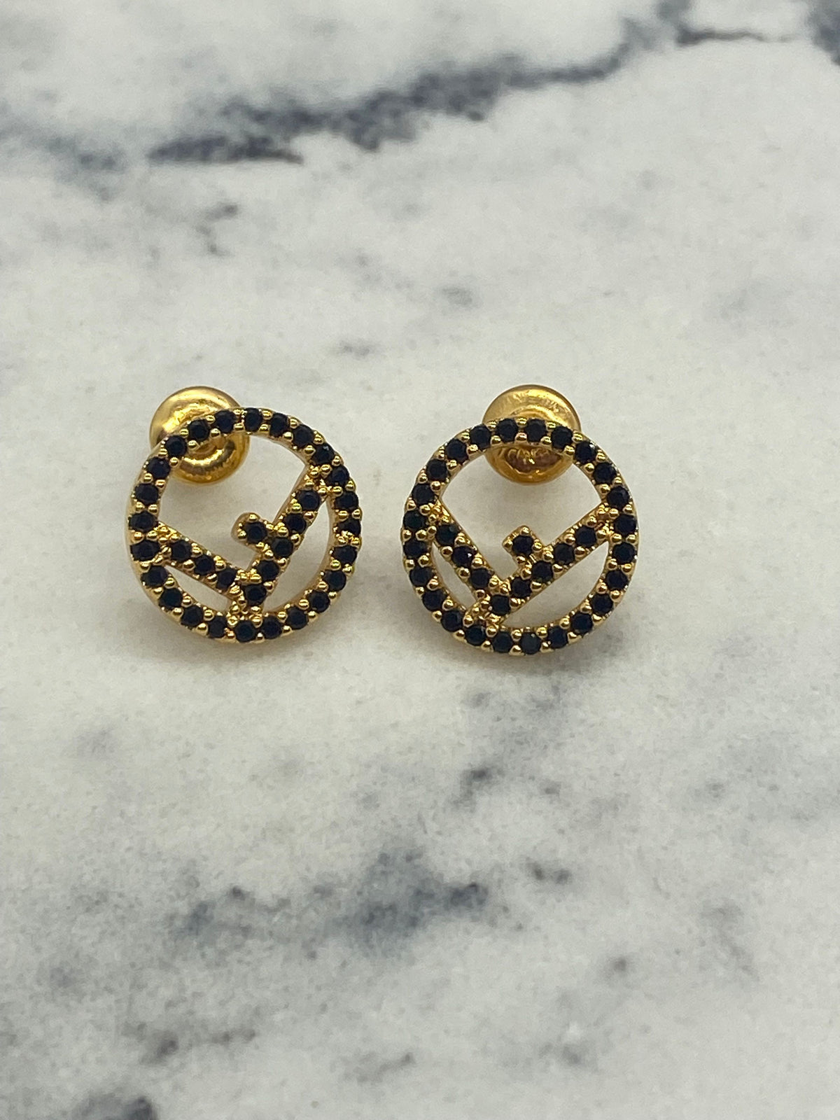 FENDI F Gold Tone Black Rhinestone Small Earrings - Pre owned