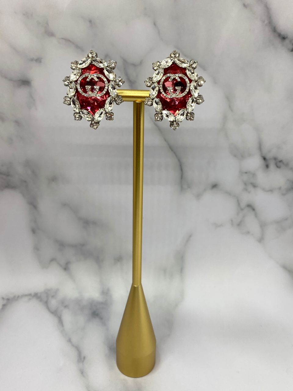 GUCCI GG Rhinestone Ruby Clip On Runway Earrings - Pre owned